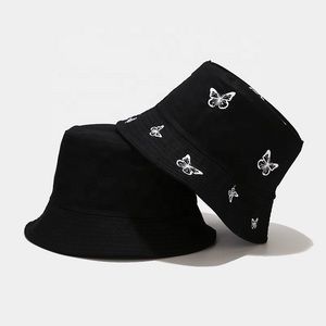 Black Reversible Bucket Hat Embroidered White Butterflies Y2K Aesthetic Retro